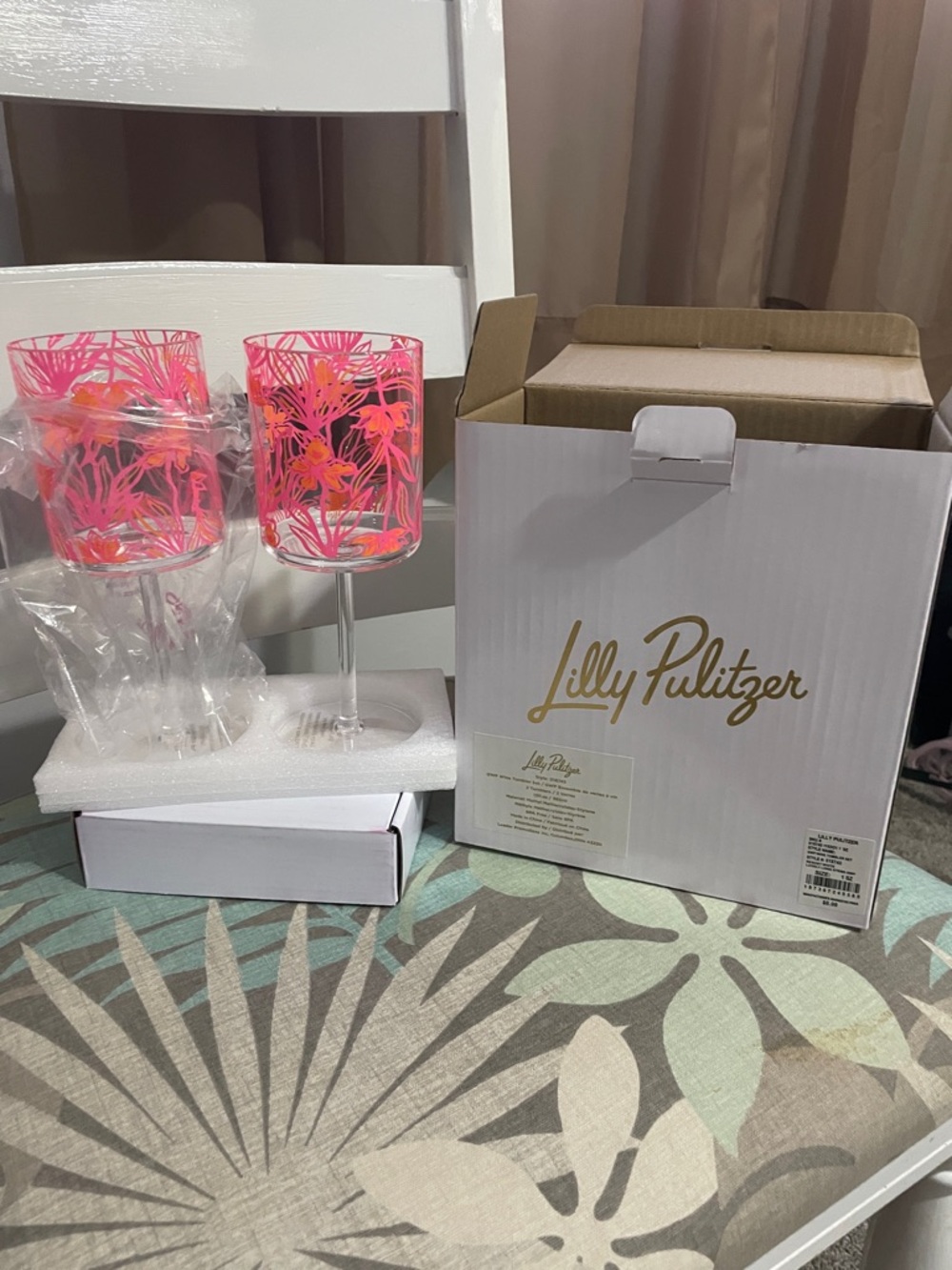 Lilly Pulitzer plastic Wine Glasses and matching napkin holder